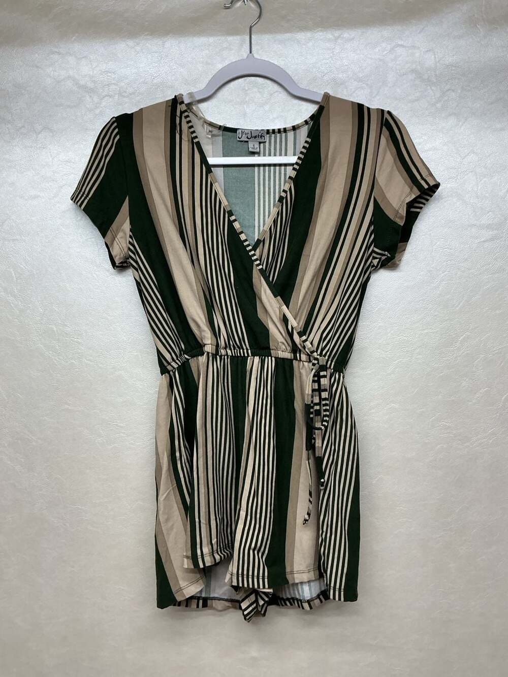 J for Justify Green Striped V-Neck Short Sleeve Wrap Romper Size S